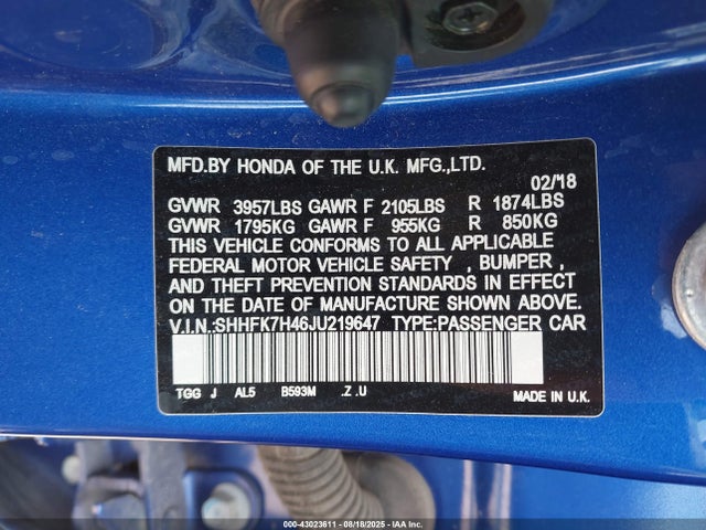 SHHFK7H46JU219647 Honda l15ba