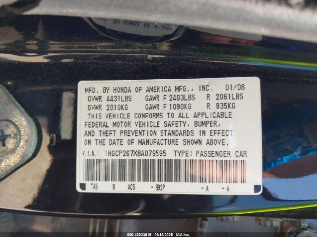 2008 HONDA ACCORD SDN 1HGCP267X8A079595 Photo 8