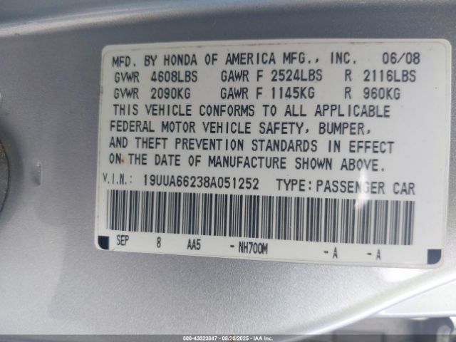 2008 ACURA TL 19UUA66238A051252 Photo 8