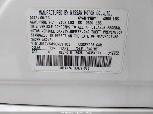 Продажа на аукционе авто 2014 Infiniti Q50 Hybrid Premium, vin: JN1AV7AP0EM691026, номер лота: 43023956