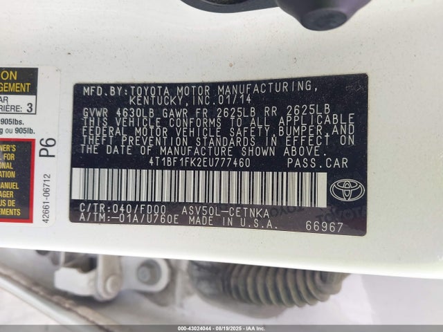 4T1BF1FK2EU777460 Toyota 2ar-fe