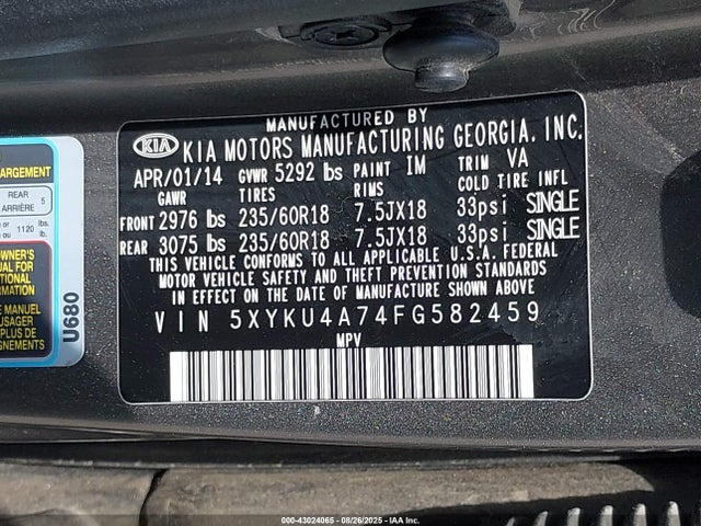 5XYKU4A74FG582459 KIA gasoline 3.3 v6 gdi lambda ii