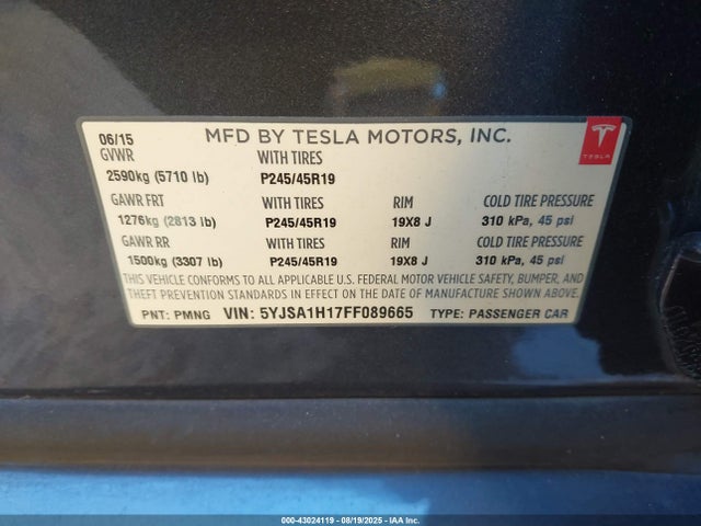 Tesla 3 phase a/c induction (single motor) 2015 5YJSA1H17FF089665 Image 9