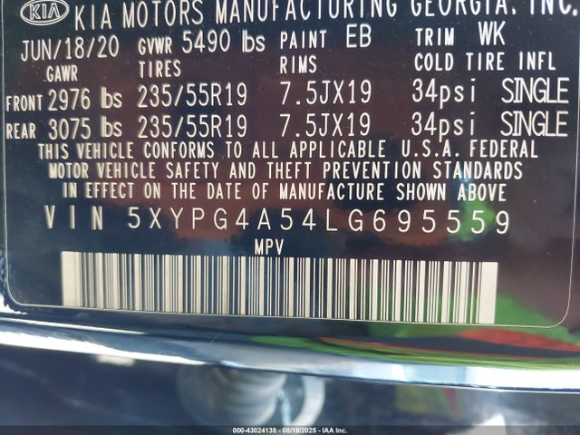 Aukcja sprzedaży 2020 Kia Sorento 3.3l S, vin: 5XYPG4A54LG695559, numer aukcji: 43024138