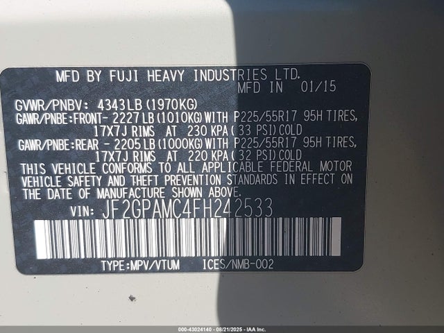 Subaru 2.0l naturally aapirated 2015 JF2GPAMC4FH242533 Image 9