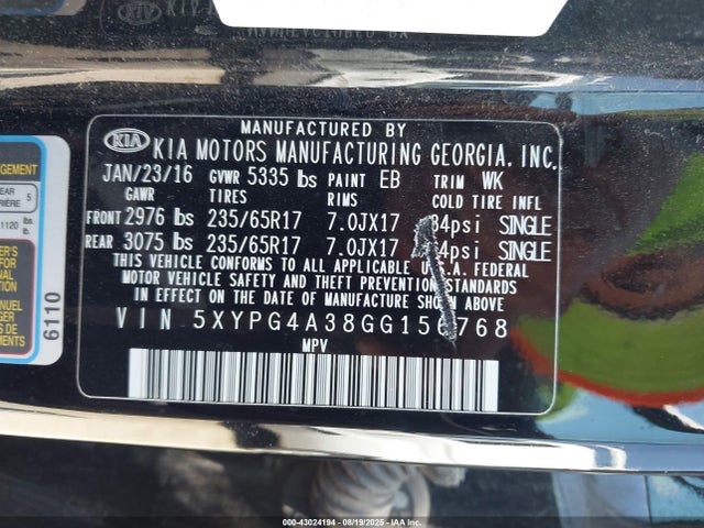 5XYPG4A38GG156768 KIA dohc gdi theta ii