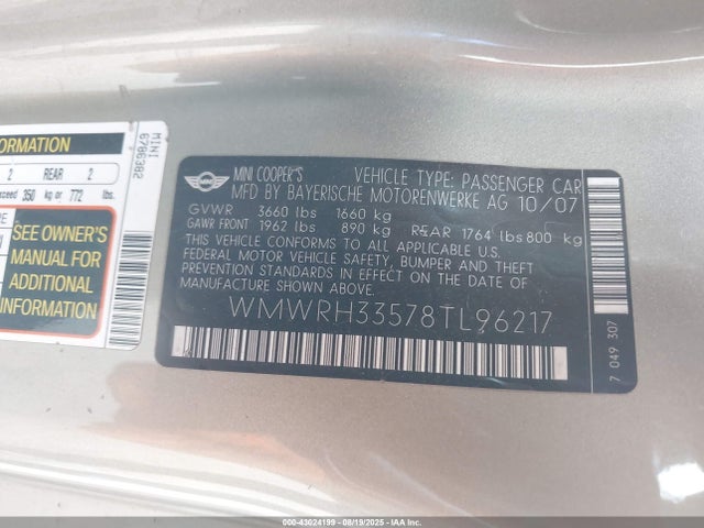 2008 MINI COOPER S WMWRH33578TL96217 Photo 8