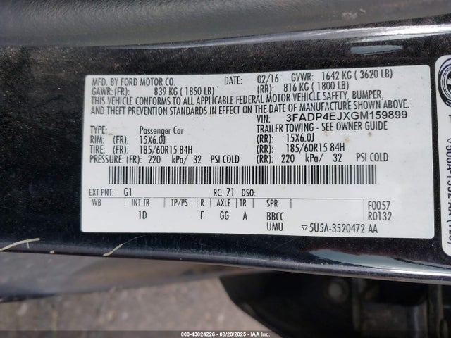 3FADP4EJXGM159899 Ford 1.6l ti-vct premium fuel