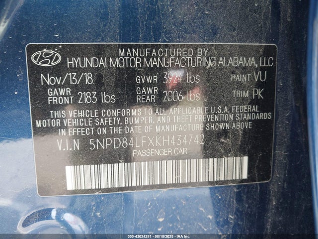 5NPD84LFXKH434742 Hyundai mpi nu