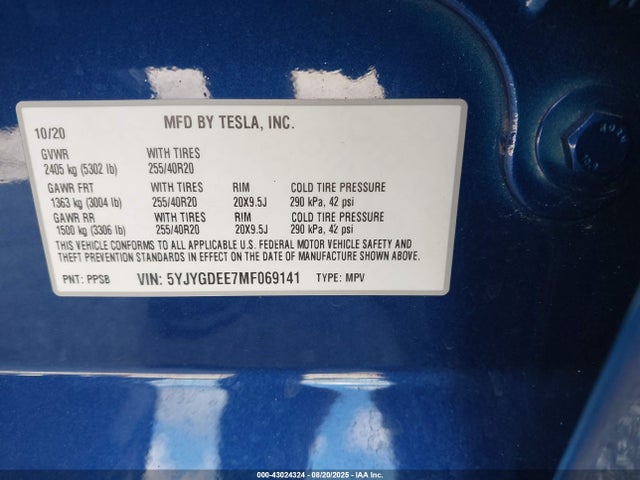 2021 TESLA MODEL Y 5YJYGDEE7MF069141 Photo 8