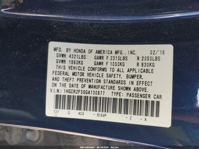 1HGCR2F56GA130677 Honda k24w1