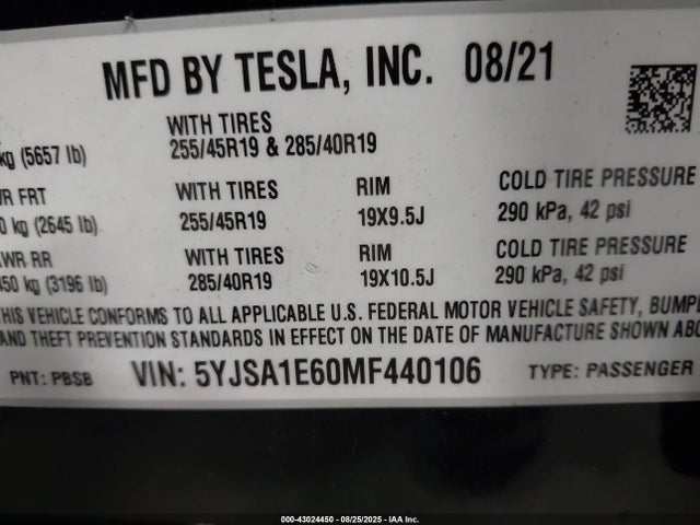 2021 TESLA MODEL S 5YJSA1E60MF440106 Photo 8