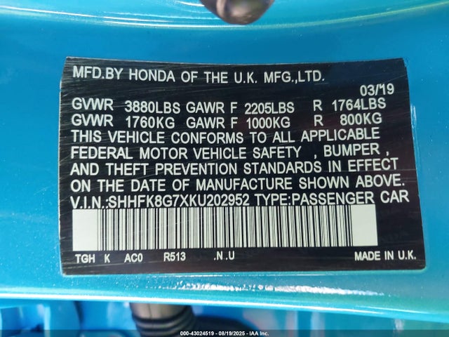SHHFK8G7XKU202952 Honda k20c1