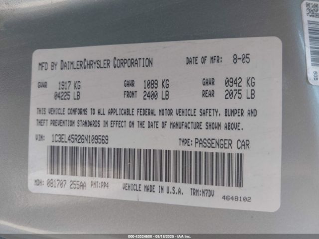 2006 CHRYSLER SEBRING 1C3EL45R26N109569 Photo 8