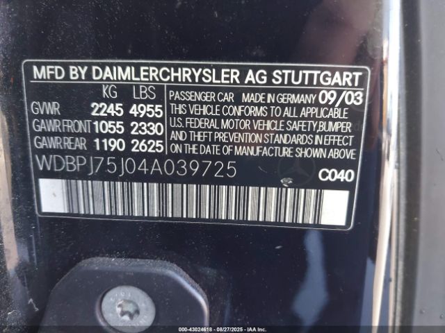 2004 MERCEDES-BENZ CL 500 WDBPJ75J04A039725 Photo 8