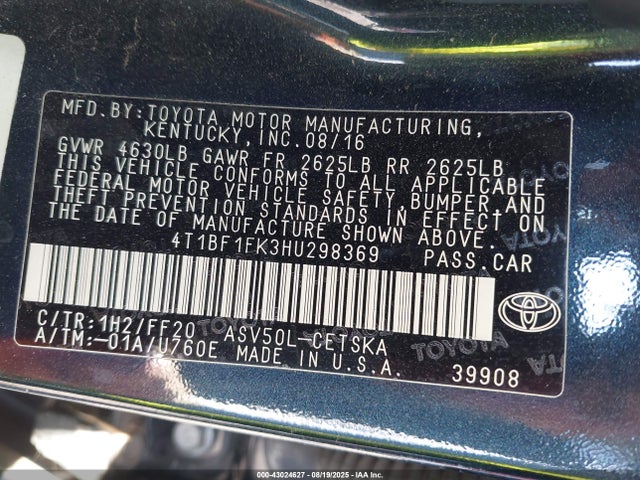 4T1BF1FK3HU298369 Toyota 2ar-fe