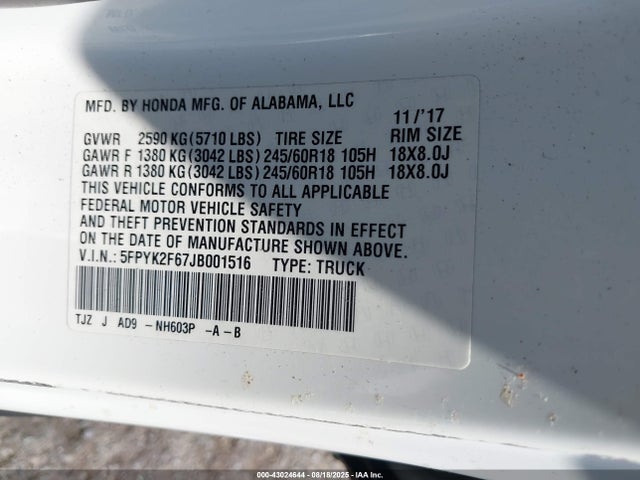 5FPYK2F67JB001516 Honda j35y6