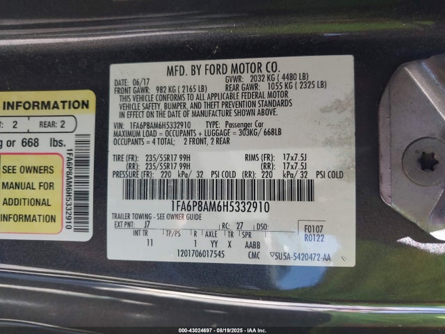 Ford 3.7l 4v 2017 1FA6P8AM6H5332910 Image 9