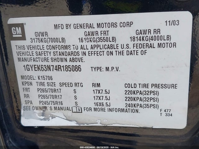 2004 CADILLAC ESCALADE 1GYEK63N74R185086 Photo 8
