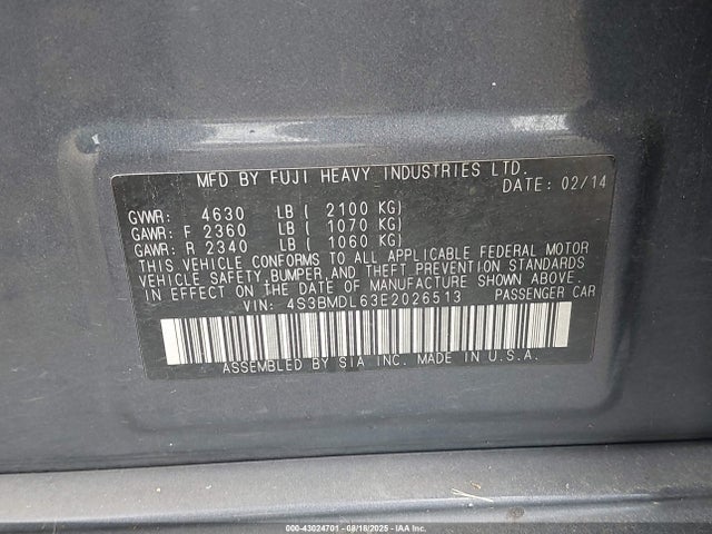 Subaru 3.6na u5 2014 4S3BMDL63E2026513 Image 9