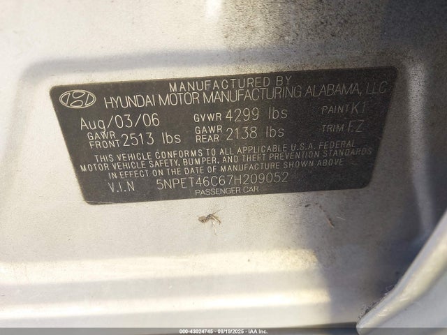 Продажа на аукционе авто 2007 Hyundai Sonata Gls, vin: 5NPET46C67H209052, номер лота: 43024745