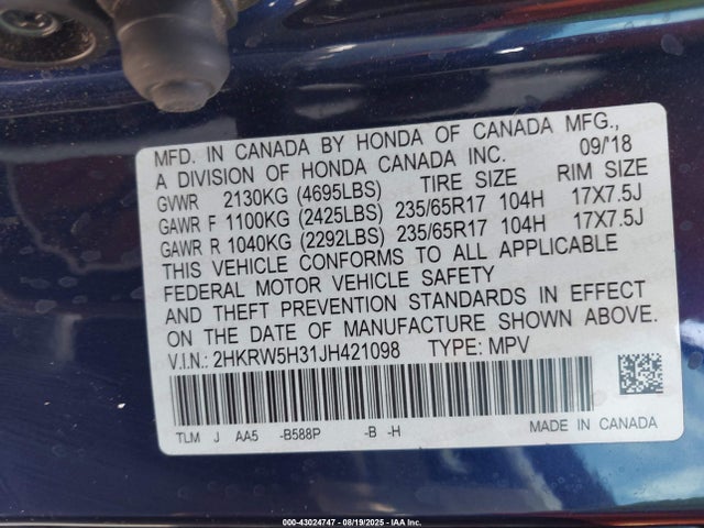 2HKRW5H31JH421098 Honda k24w9/k24v9