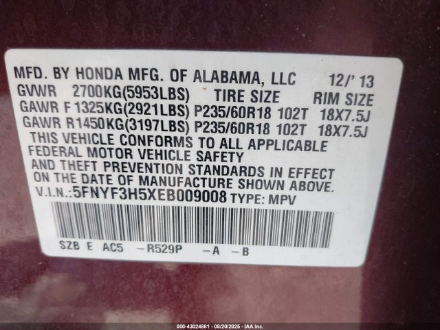 5FNYF3H5XEB009008 Honda j35z4
