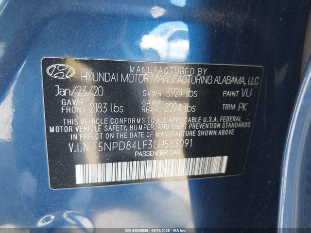 5NPD84LF3LH583091 Hyundai mpi nu