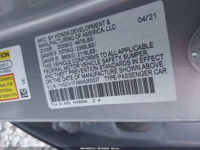 2021 HONDA ACCORD 1HGCV1F34MA065537 Photo 8