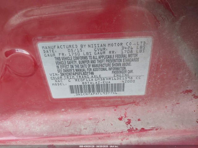 3N1CN7APXFL937746 Nissan Versa