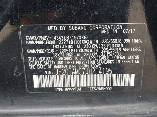 JF2GTAMC7JH214195 Subaru naturally aspirated