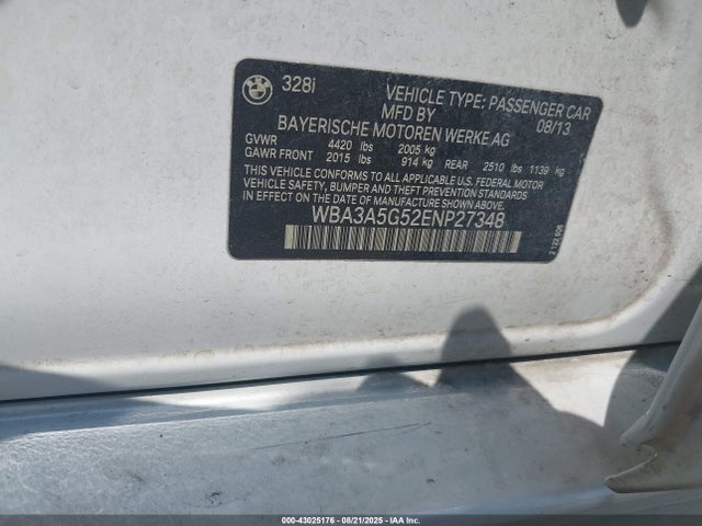 Auction sale of the 2014 Bmw 328i, vin: WBA3A5G52ENP27348, lot number: 43025176