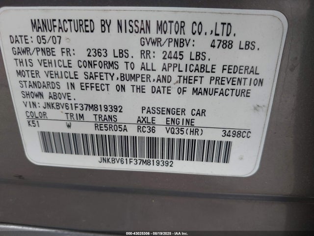 Продаж на аукціоні авто 2007 Infiniti G35x, vin: JNKBV61F37M819392, номер лоту: 43025306
