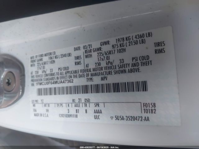 2021 FORD ESCAPE 1FMCU0F64MUA47362 Photo 8