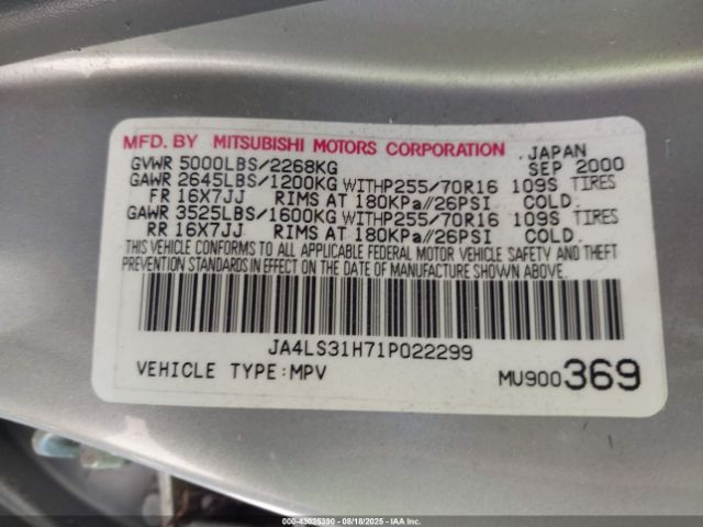 2001 MITSUBISHI MONTERO SPORT JA4LS31H71P022299 Photo 8