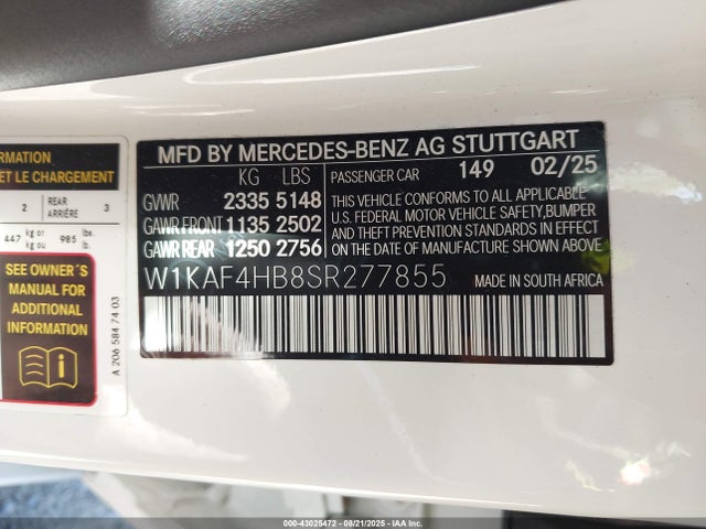 Продажа на аукционе авто 2025 Mercedes-benz C 300, vin: W1KAF4HB8SR277855, номер лота: 43025472