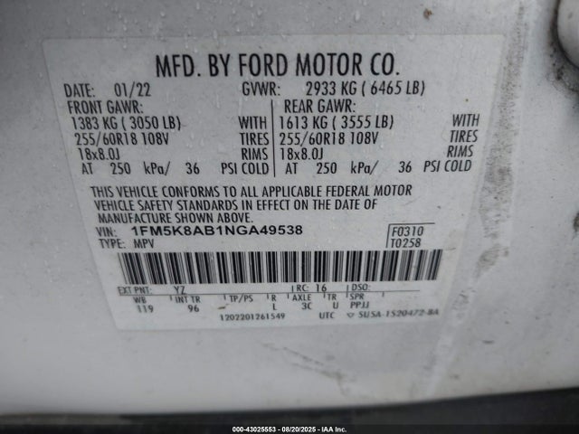 1FM5K8AB1NGA49538 Ford ti-vct