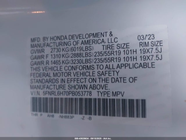 2023 HONDA ODYSSEY 5FNRL6H70PB053778 Photo 8