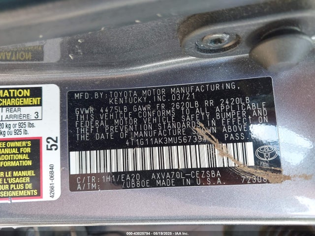4T1G11AK3MU567394 Toyota a25a-fks