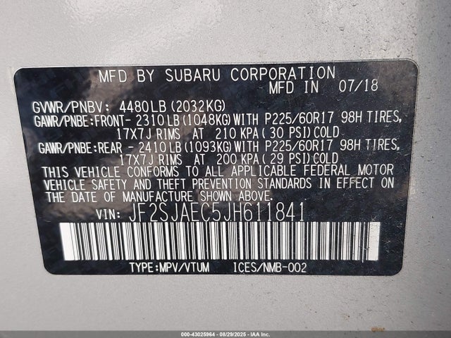 JF2SJAEC5JH611841 Subaru naturally aspirated u5