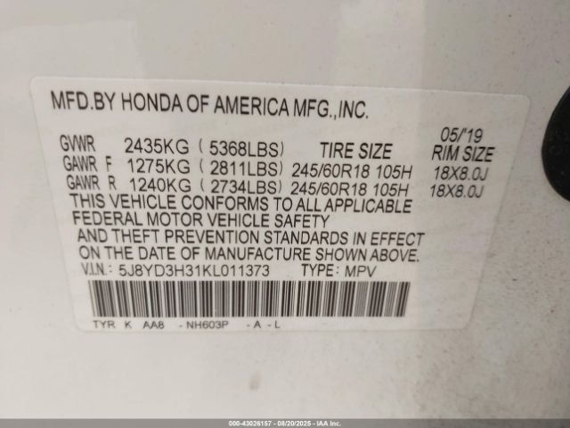 2019 ACURA MDX 5J8YD3H31KL011373 Photo 8