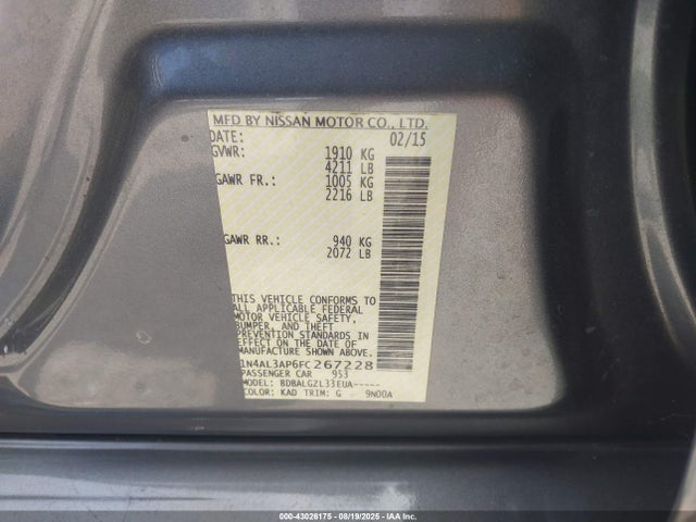 2015 Nissan Altima 2.5 S მანქანა იყიდება აუქციონზე, vin: 1N4AL3AP6FC267228, აუქციონის ნომერი: 43026175