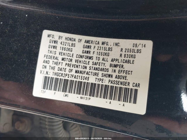 Honda k24w1 2015 1HGCR2F57FA015049 Image 9