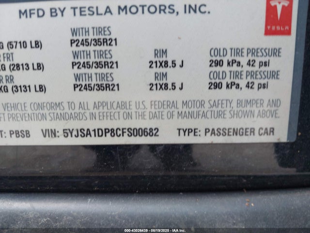 2012 TESLA MODEL S 5YJSA1DP8CFS00682 Photo 8
