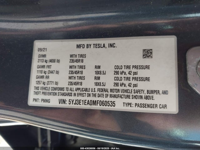 2021 TESLA MODEL 3 5YJ3E1EA0MF060535 Photo 8