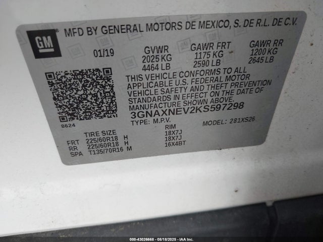 3GNAXNEV2KS597298 Chevrolet lyx - direct injection, vvt, fgt, turbo, alum, gen1