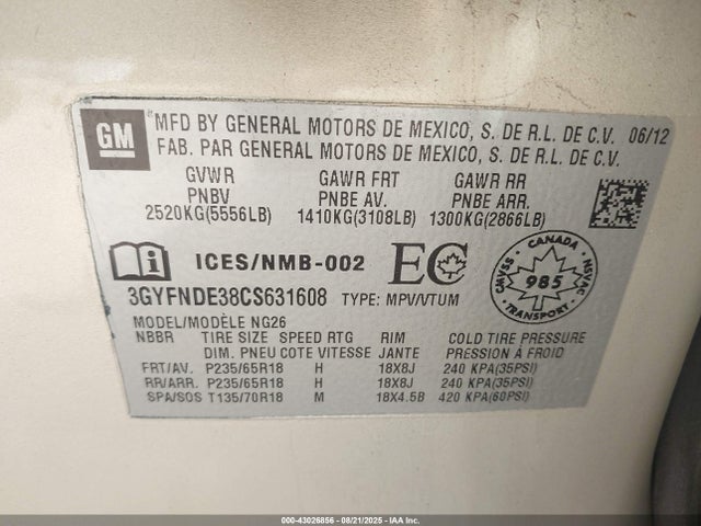 2012 CADILLAC SRX 3GYFNDE38CS631608 Photo 8
