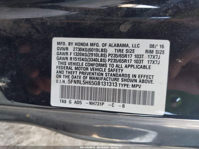 5FNRL5H65GB131313 Honda j35z8