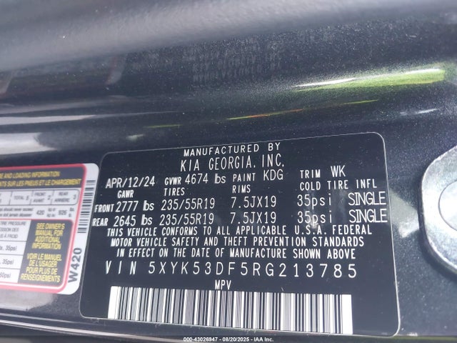 5XYK53DF5RG213785 KIA gdi theta iii