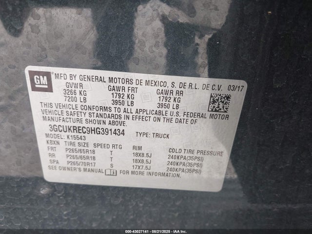 3GCUKREC9HG391434 Chevrolet l83 - sidi: spark ignited direct injection, vvt: variable valve timing, afm, e85 max, alum